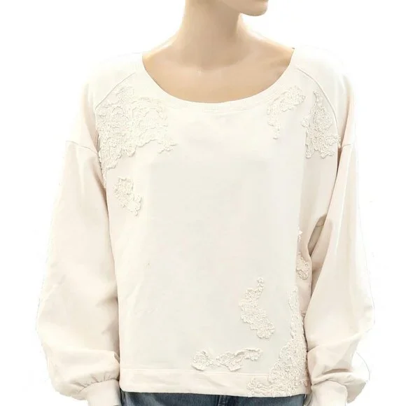 By Anthropologie Crochet Appliqué Pullover Top Oversized Cotton Lace S 272128 Blouses